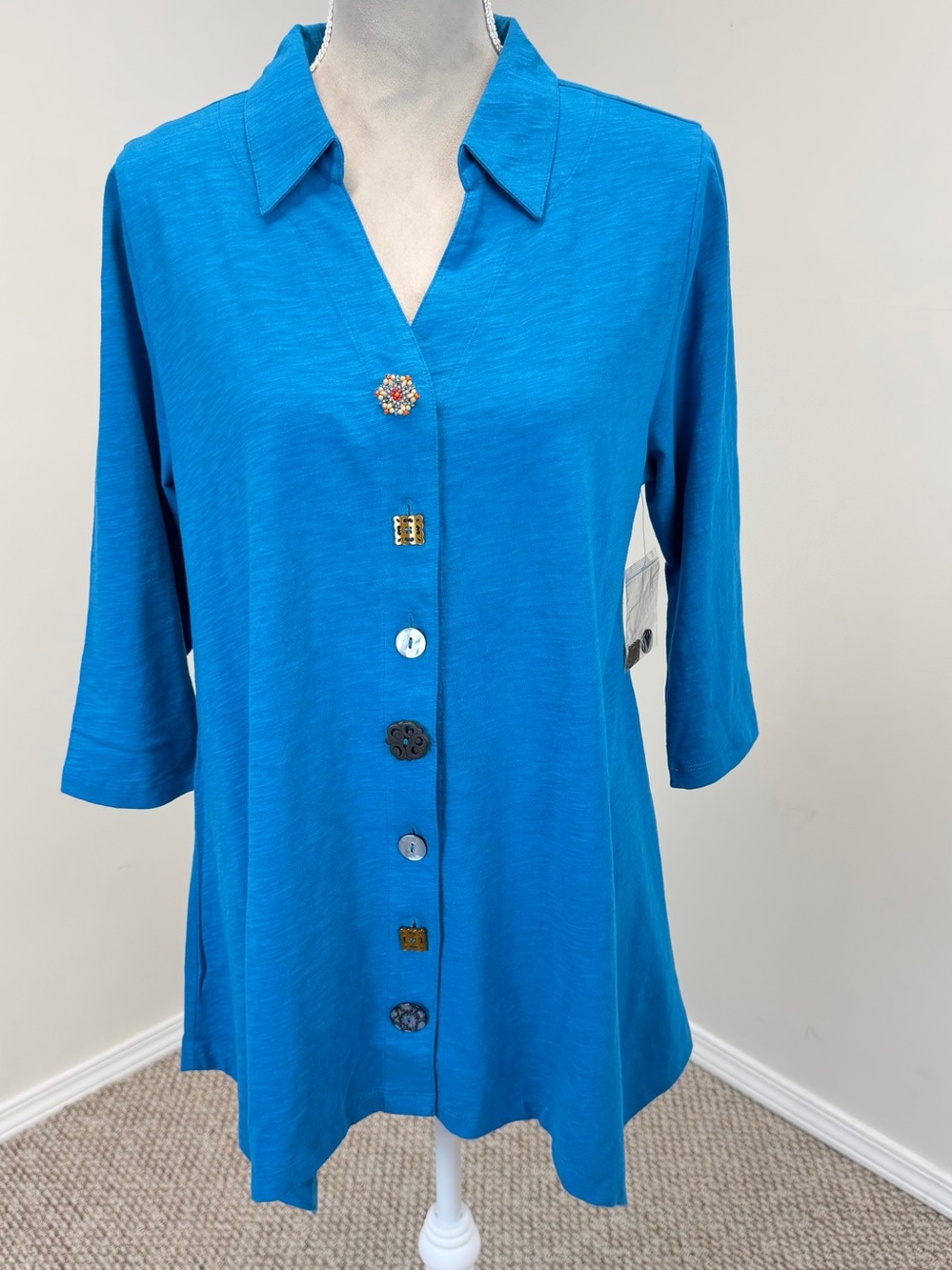 Soft Surroundings Danielle Mixmatched Button Top Sz L Blue Asymmetrical Hem NWT